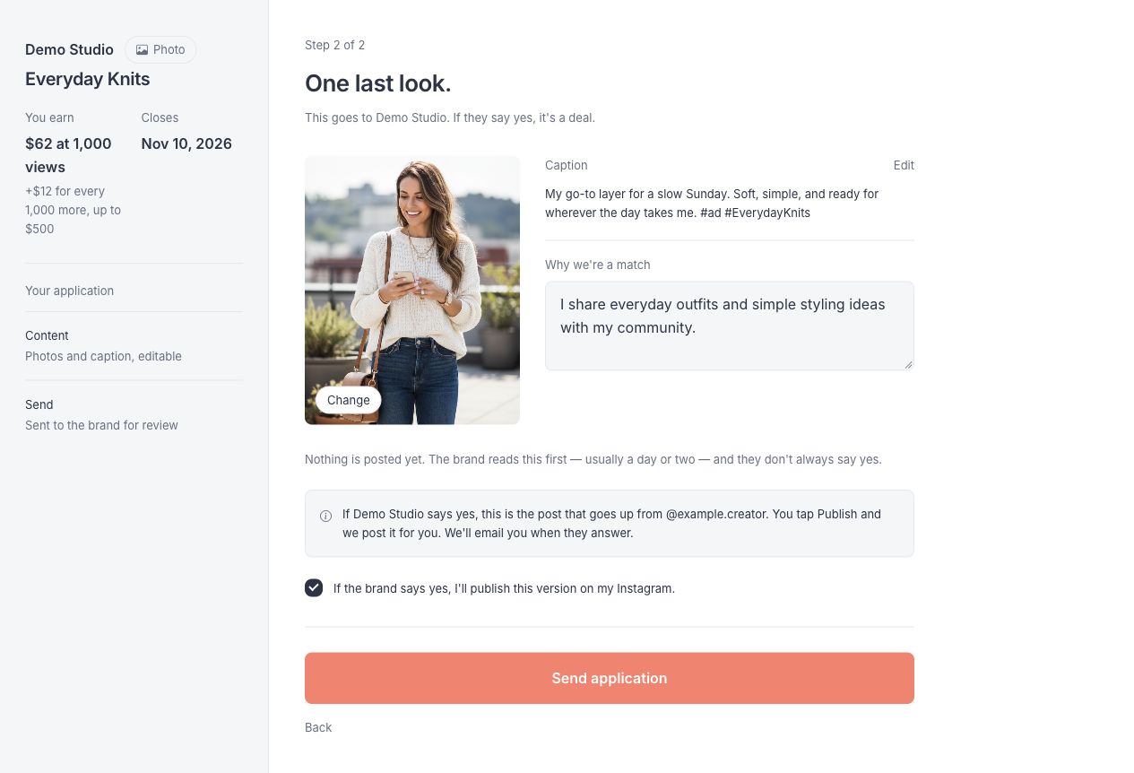Application preview showing the actual photo, caption and Send application button
