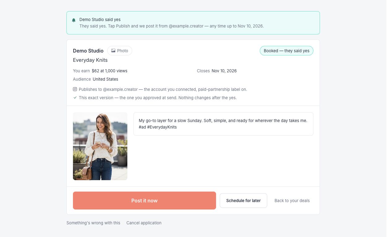 Approved application with Post it now and Schedule for later buttons