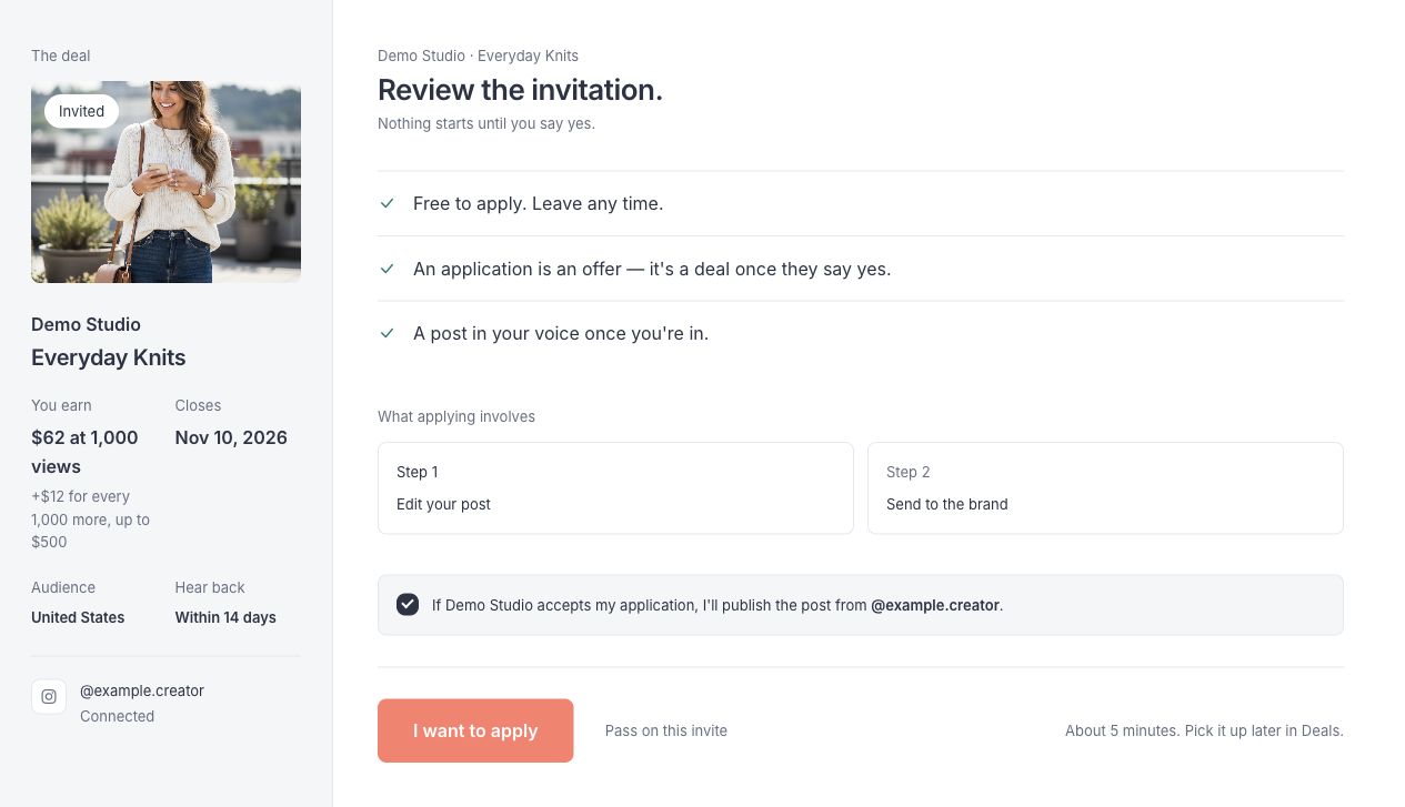 Campaign invitation with the brief, reward, deadline and I want to apply button