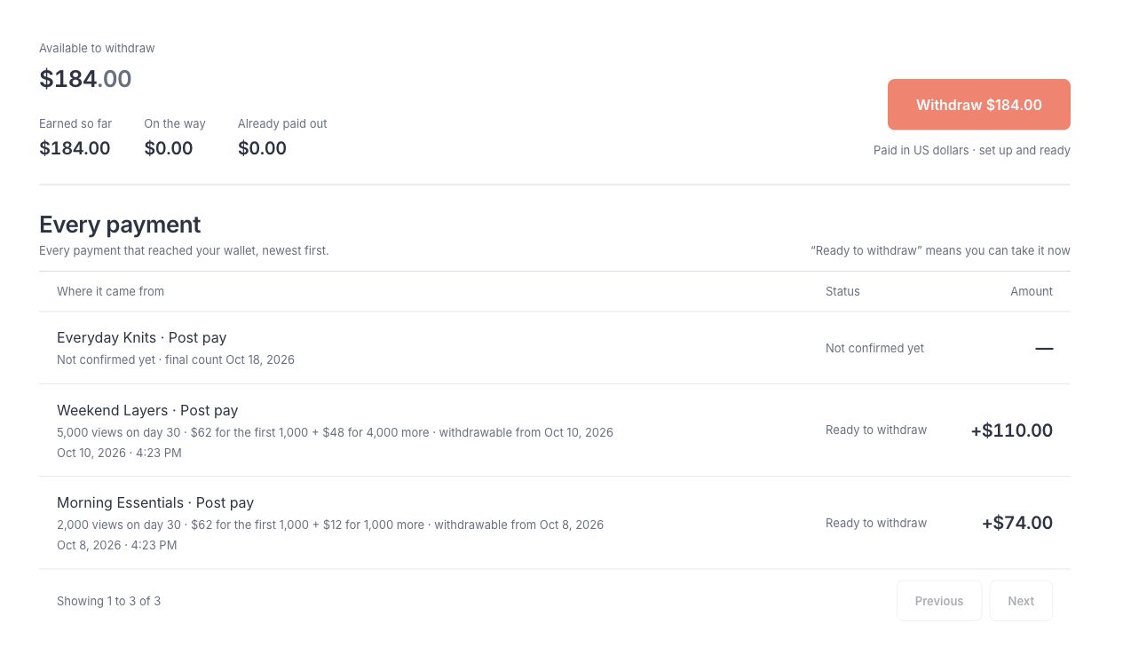 Wallet showing example post earnings, counting status and available balance