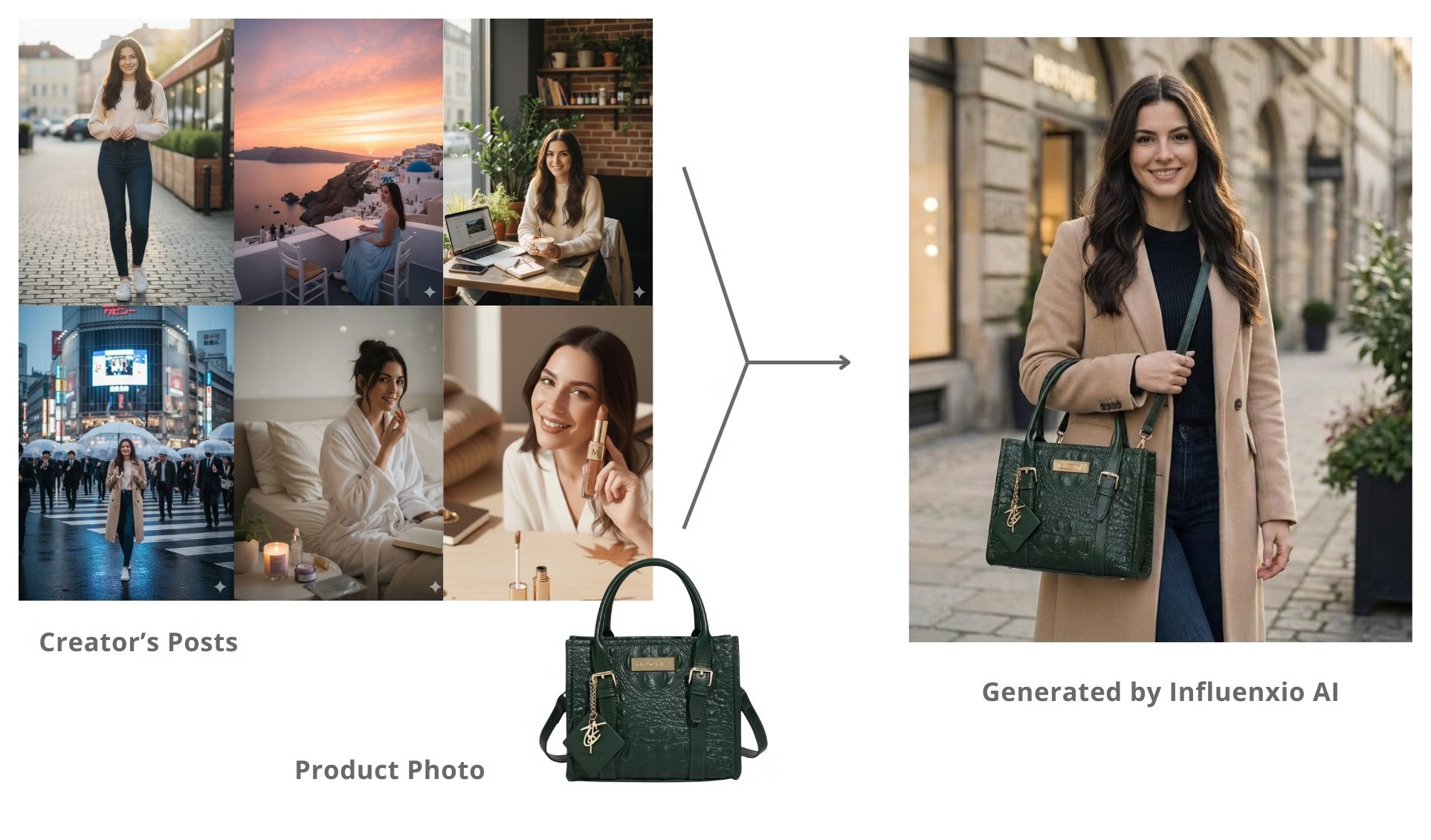 Influenxio workflow: Creator posts + product photo are combined to generate authentic creator content featuring your product